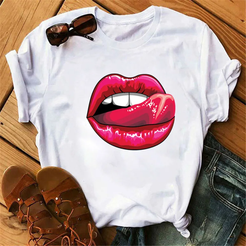 

Harajuku O-neck Top Tees Female Funny Top Tee Lips Print T Shirts Women Summer Short Sleeves T-shirt for Lady Shirt