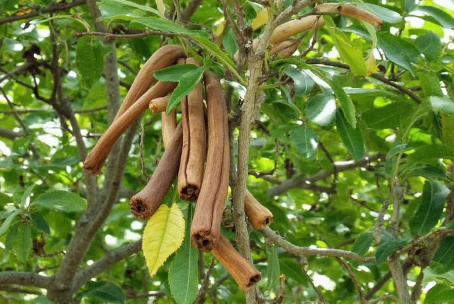 Ceylon cinnamon tree botanical illustration showing leaf structure, flower clusters, and characteristic multi-layer bark quills