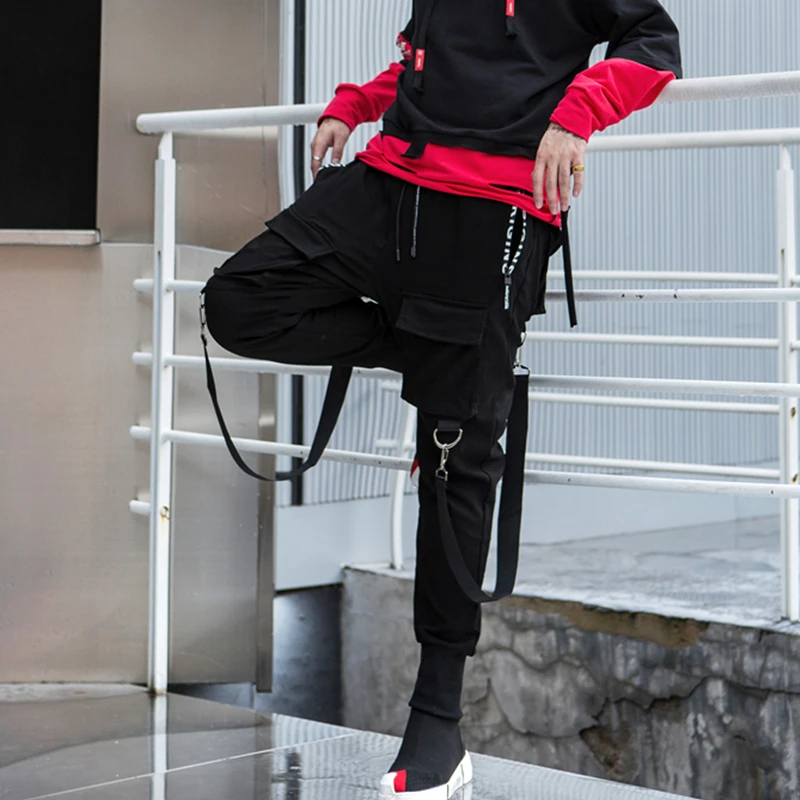 

Hiphop Pants Men's Street Fashion Personality Ribbon Pants Men's Small Legged Overalls Cargo Jogger Pants, Black