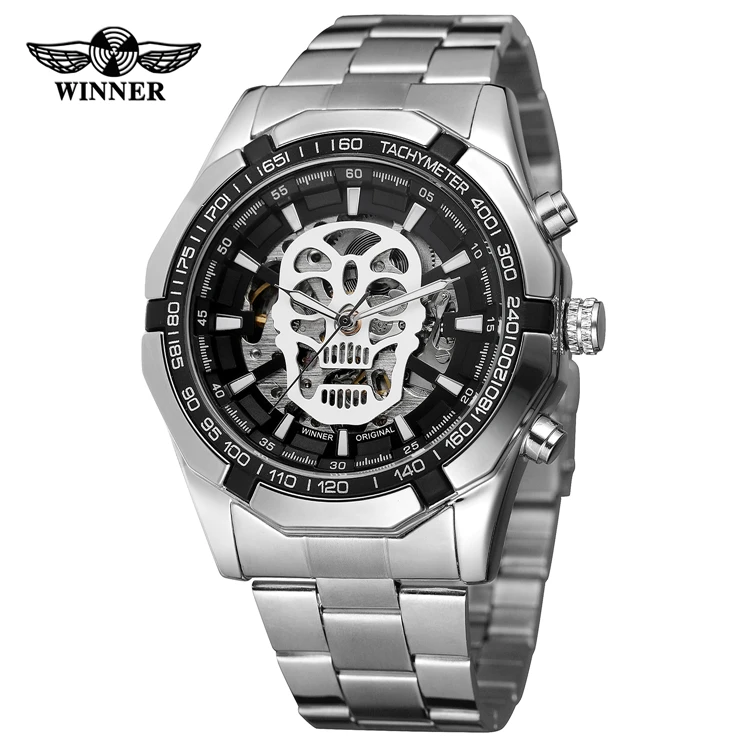 

Top Brand Luxury WINNER 274 Men Mechanical Watch Golden Stainless Steel Strap Skeleton Dial Luminous Skull Design Wrist Watch
