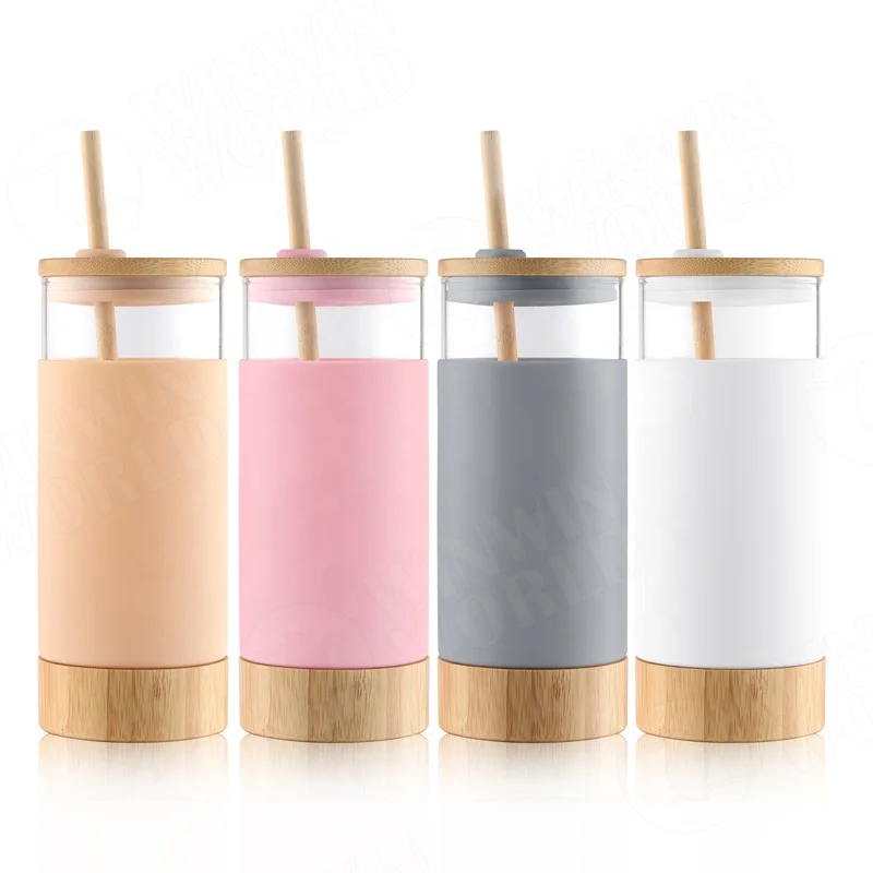 

Custom Printed Silicone Sleeve Glass Water Bottle Heat Resistant Glass Mug with Bamboo Straw,Lid, Customized color