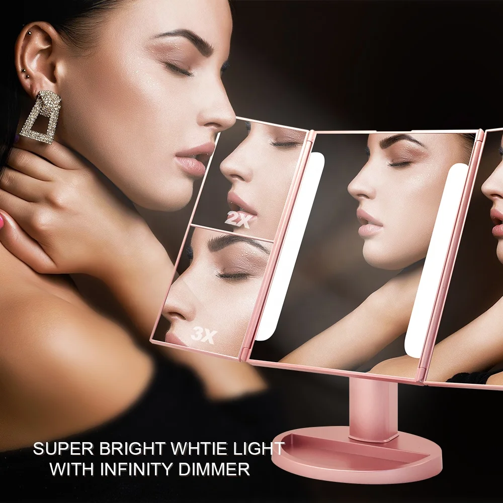 
Design illuminated tri-fold custom table top cosmetic face led light makeup mirror with logo 