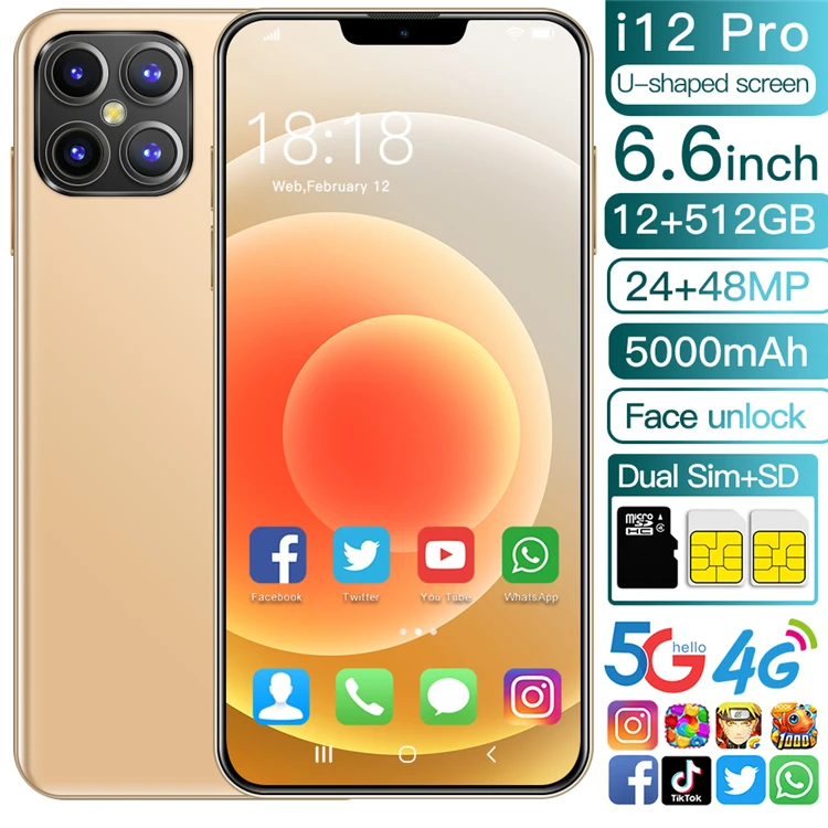 

i12 Pro Phone OEM Factory 5000mAh 6.6inch Drop Display 5G Smartphone Cell Phone 12GB+512GB Android Quad Core Smart Mobile Phones