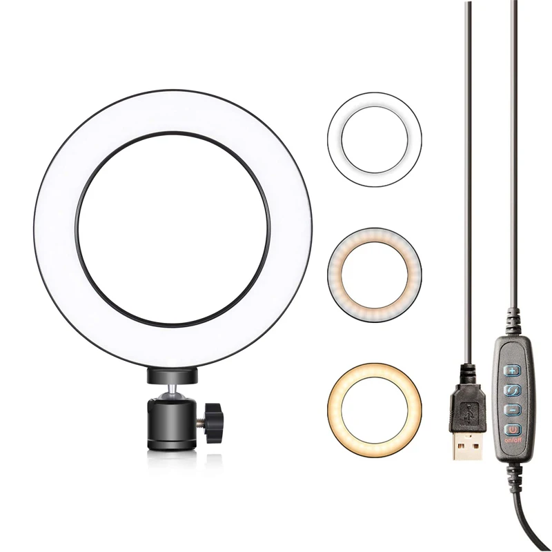 

6'' 3Modes Adjustable Brightness Desktop Mini USB Camera 64Leds Selfie Ring Light without Tripod Stand and Phone Holder for Live