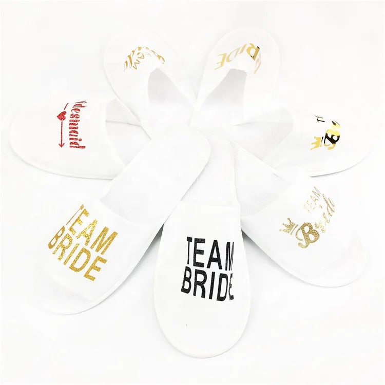 

Wholesale Disposable White Wedding Bride Bridesmaid Women Slippers Fur Hotel Slippers, White + foil letter