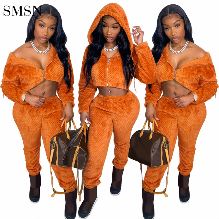 

Good Quality Solid Color Furry Long Sleeve Zipper Sets Womens Clothing Two Piece Fashion Two Piece Jogger Sets