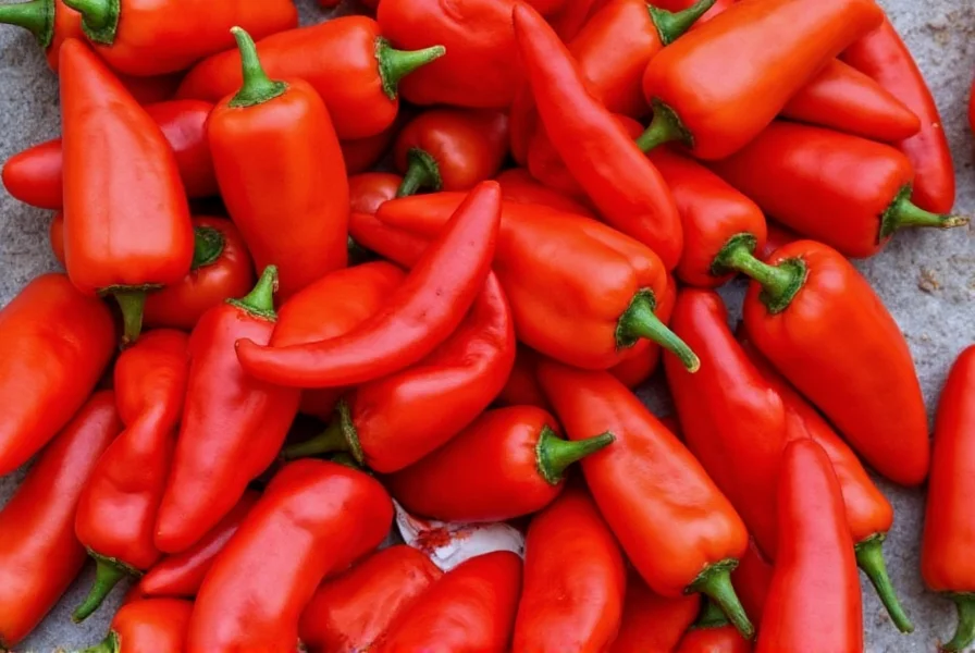 Close-up view of various paprika pepper varieties showing color differences from bright red to deep burgundy