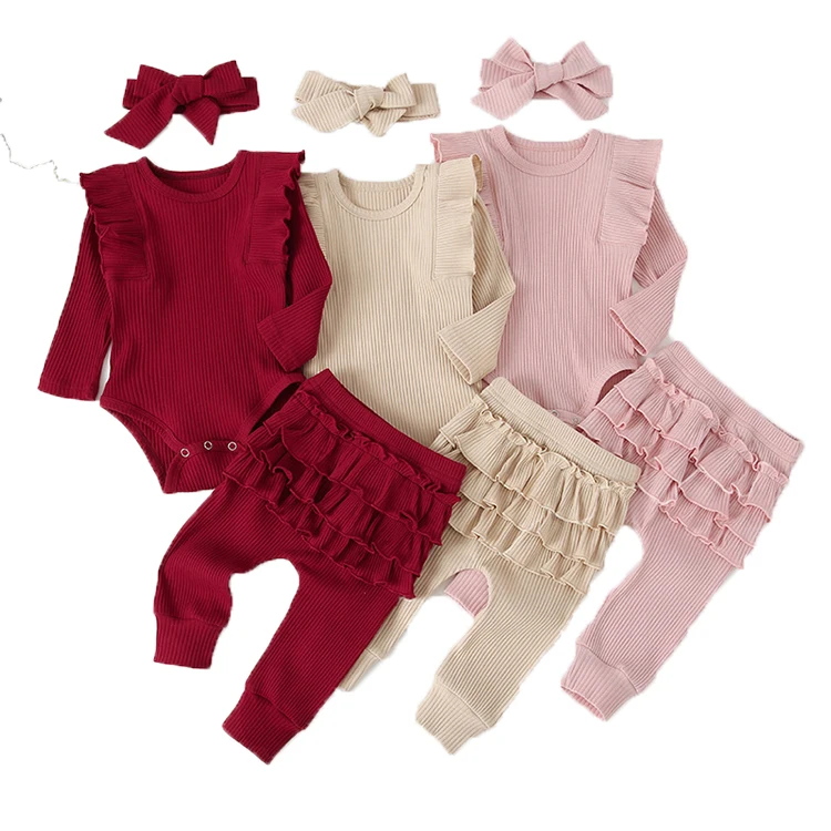 

RTS New Arrival Girls Clothing Sets 2021 Long Sleeveless Boutique 3 PCs Toddler Custom Baby Clothes