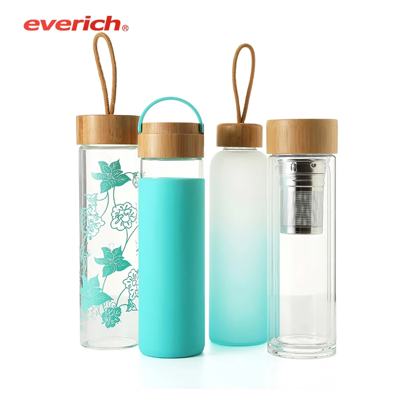 

Wholesale 400ml 500ml double wall high borosilicate glass water bottle with bamboo lid with tea infuser, Pantone color