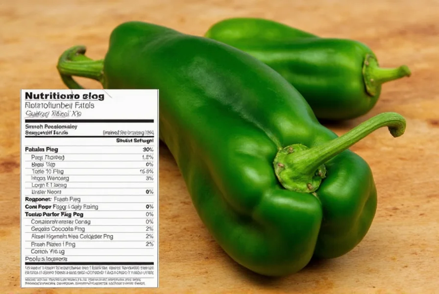 Fresh green poblano peppers on wooden cutting board with nutritional facts overlay