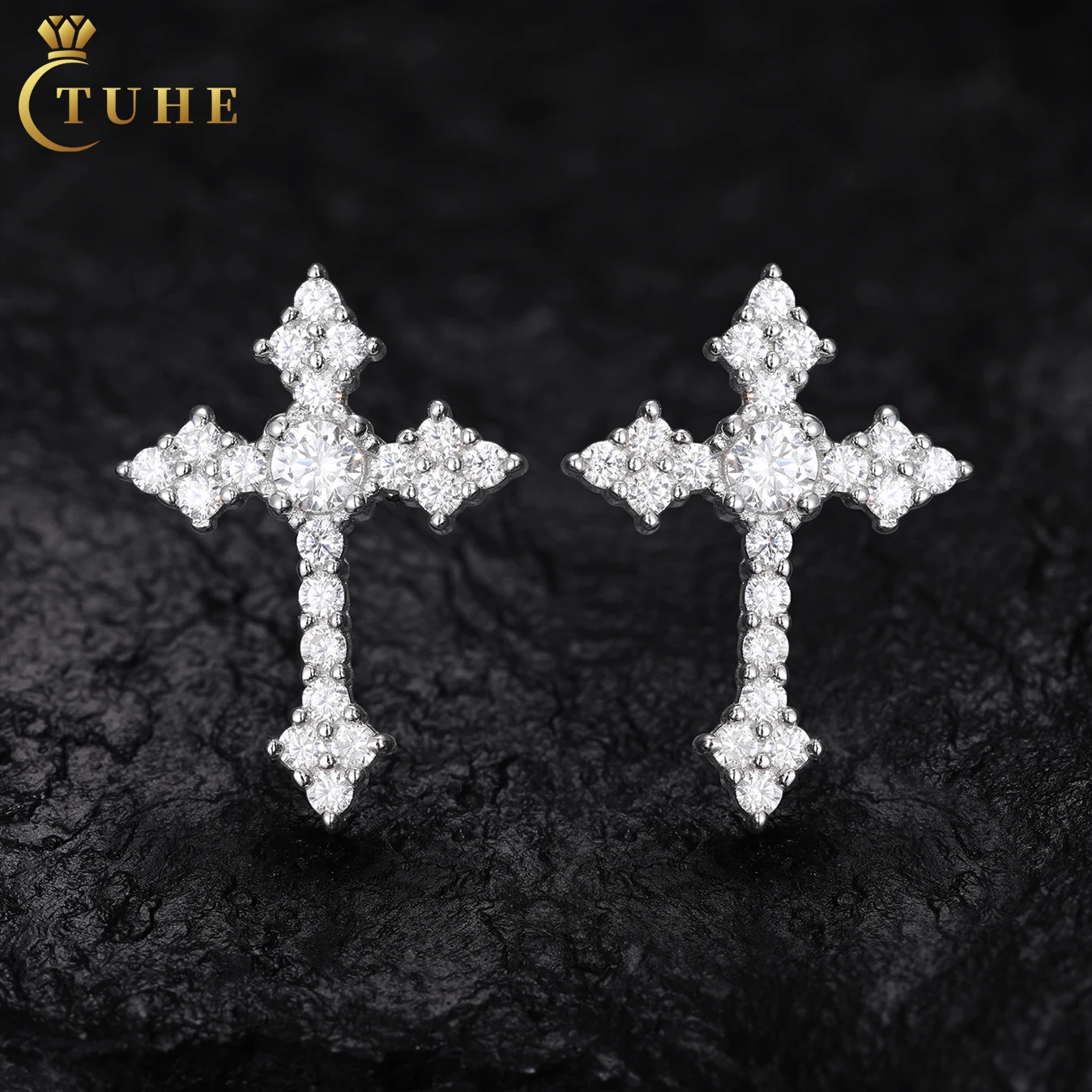 Fashion Unisex Crucifix Jewelry White Gold 925 Sterling Silver VVS Moissanite Diamond Iced Out Cross Stud Earrings for Men Women