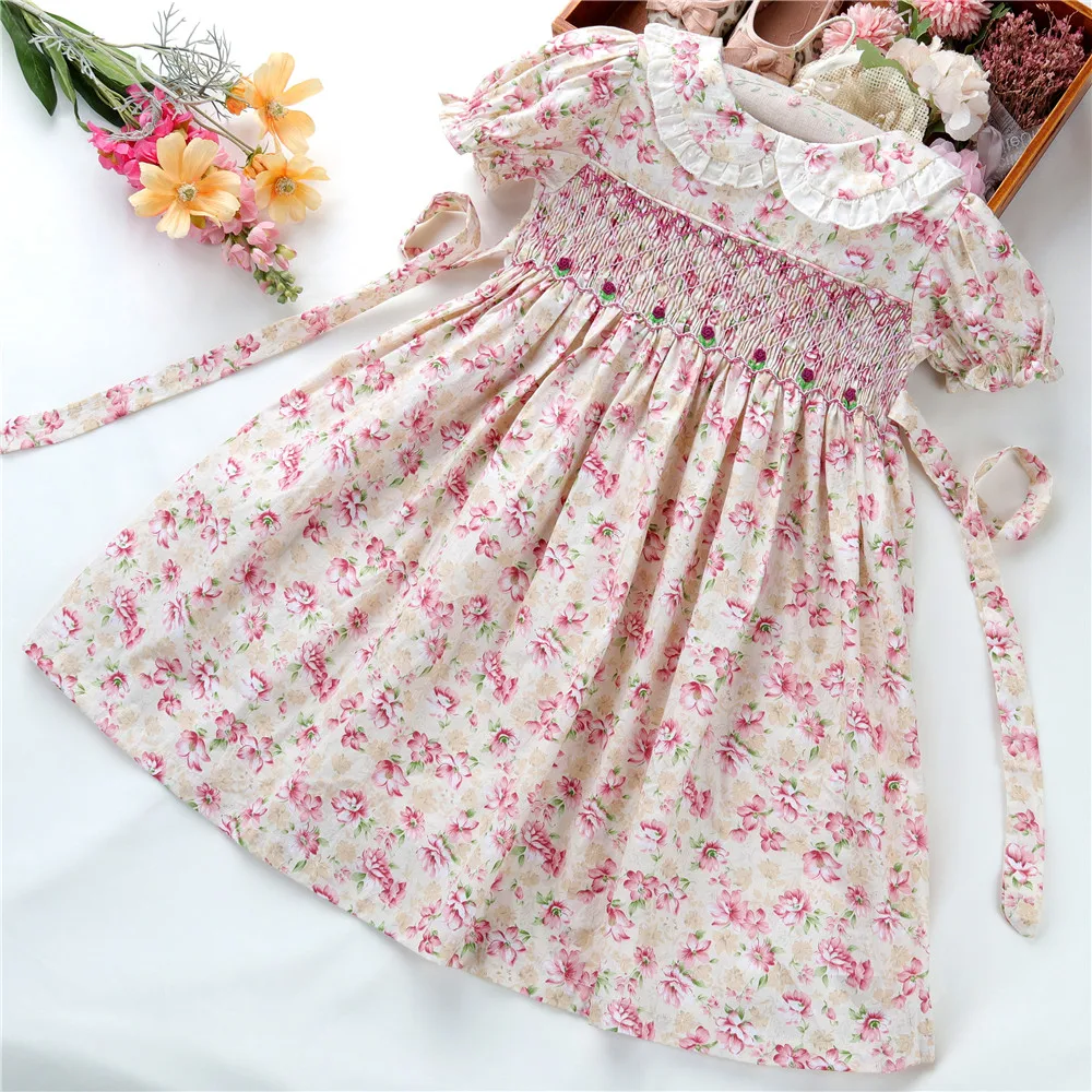 

C41255 summer flower floral kids clothing for girls dresses smocked casual embroidery frock party cotton children clothes