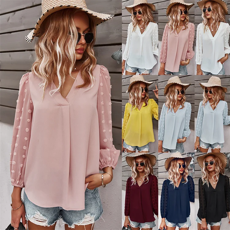 

Stylish Ladies Loose Shirts Long Sleeve V Neck Summer Women Solid Color Chiffon Blouse, Customized color