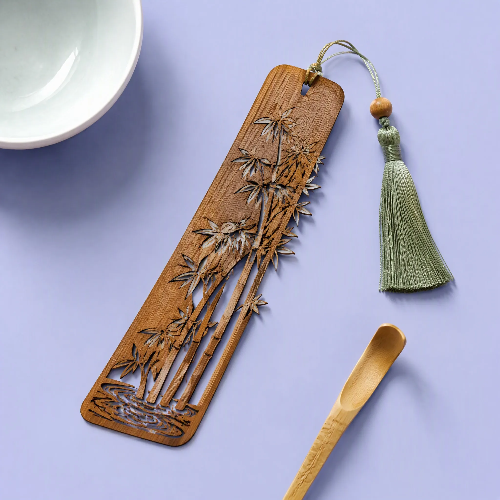 Custom Carbonized Bamboo Laser Carved Bookmark with Wood Bead and Green Silk Tassel