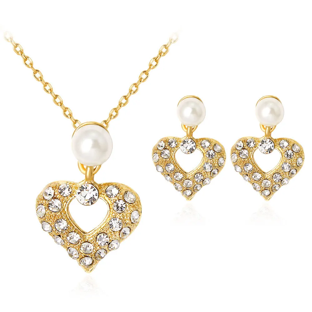 

2021 European and American Rose Gold Plated Pearl Crystal Rhinestone Heart Shape Bridal Jewelry Set