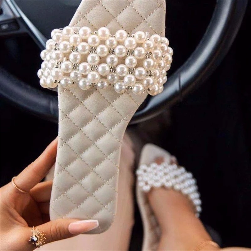 

Spring/summer new women 2021 fashion solid color flat shoes sandals pearl rhinestone women's all-match casual slippers