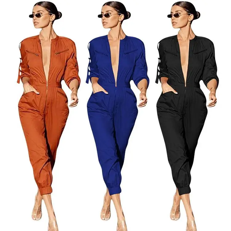 

1019M384 casual fashion deep v neck zip up solid elegant Mujer Trendy Long Sleeve Jumpsuit