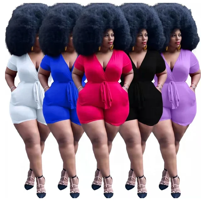 

Summer new style plus size women's sexy solid color deep V jumpsuit with belt, Picture