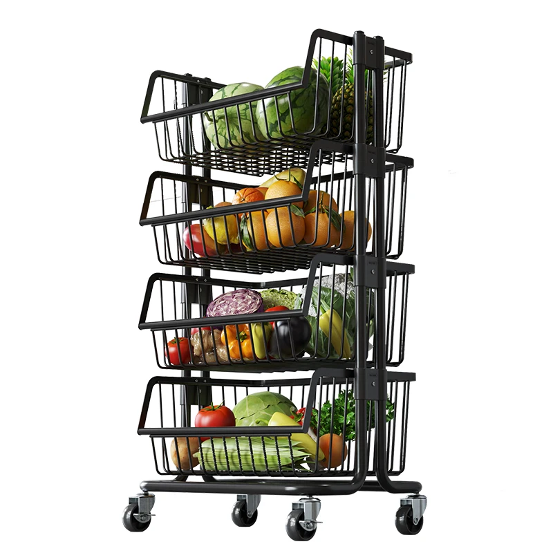 

Wholesale Kitchen Livingroom Storage Basket Multifunction Utility Cart Rolling Wire Organizer Fruit Vegetable Produce Basket