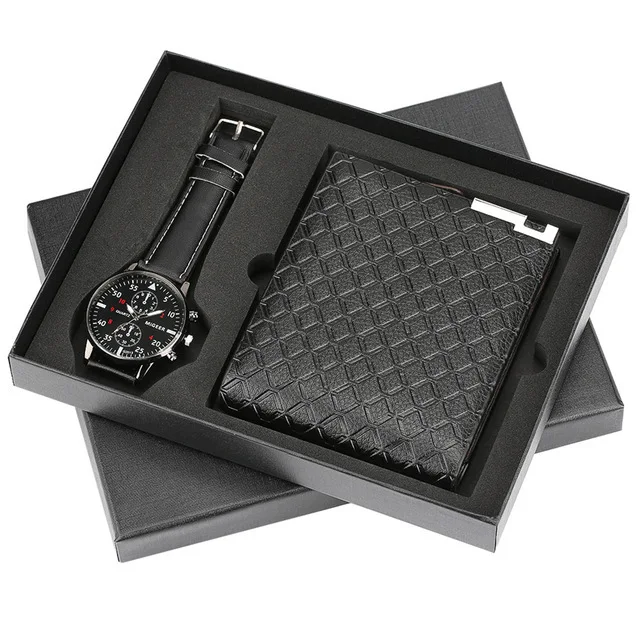 

Men's luxury woven leather wallet creative father boyfriend gift simple set wrist watch for men