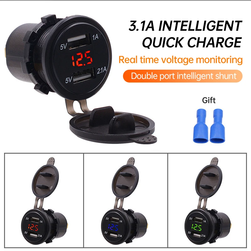 

12v/24v 3.1A Dua Usb Charger Socket Power Outlet Led Black Classic 12v Universal Car Usb Charging 2 Ports