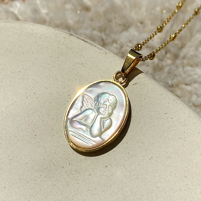 

Natural Shell Cupid Portrait Necklaces 18K Gold Plated Small Beads Chain Necklaces for Women French Ellipse Necklaces