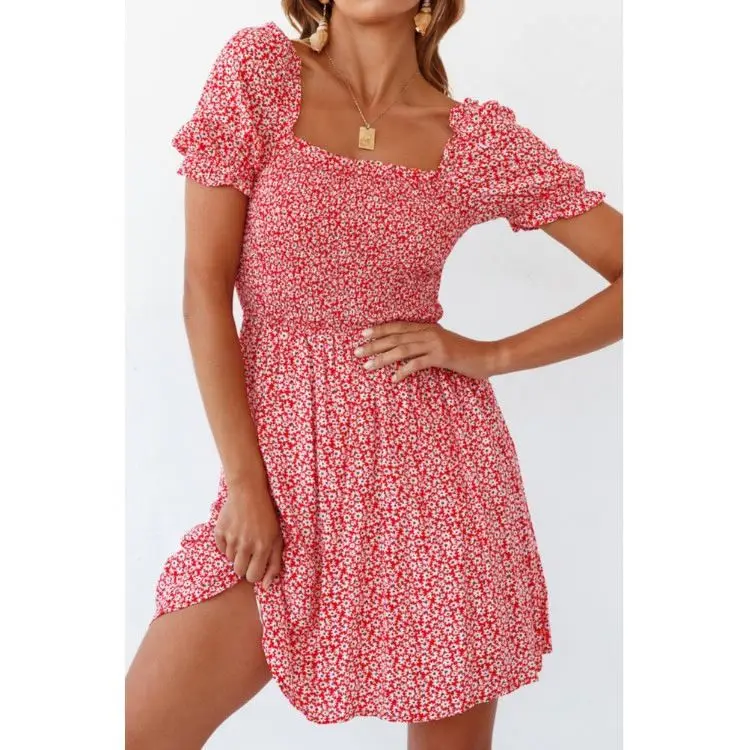 

PEARL 2021 Fashion Floral Dress Short Sleeve Waist Flower Printed Sexy Dresses Women Lady Mini Short Dress