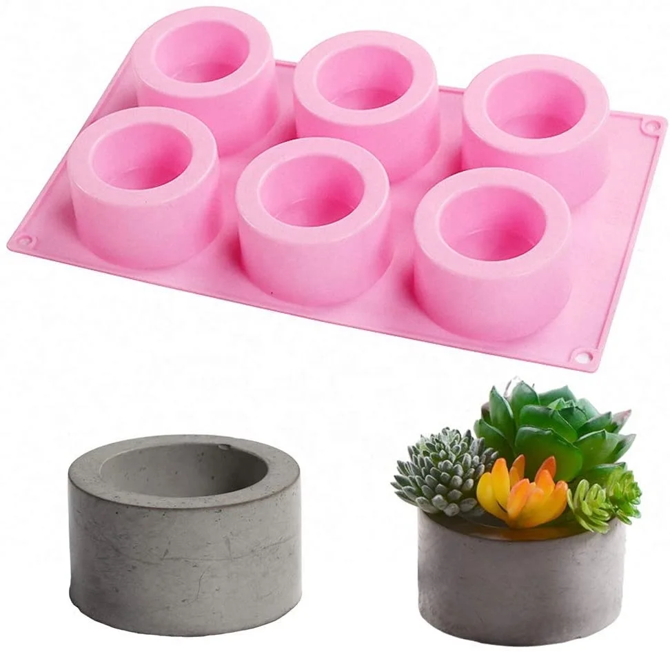 

6 Holes Cylinder Flower Pot Silicone Molds Succulent Plant Pot Concrete Planter Cement Plaster Molds Ice Shot Glass Mold, Pink