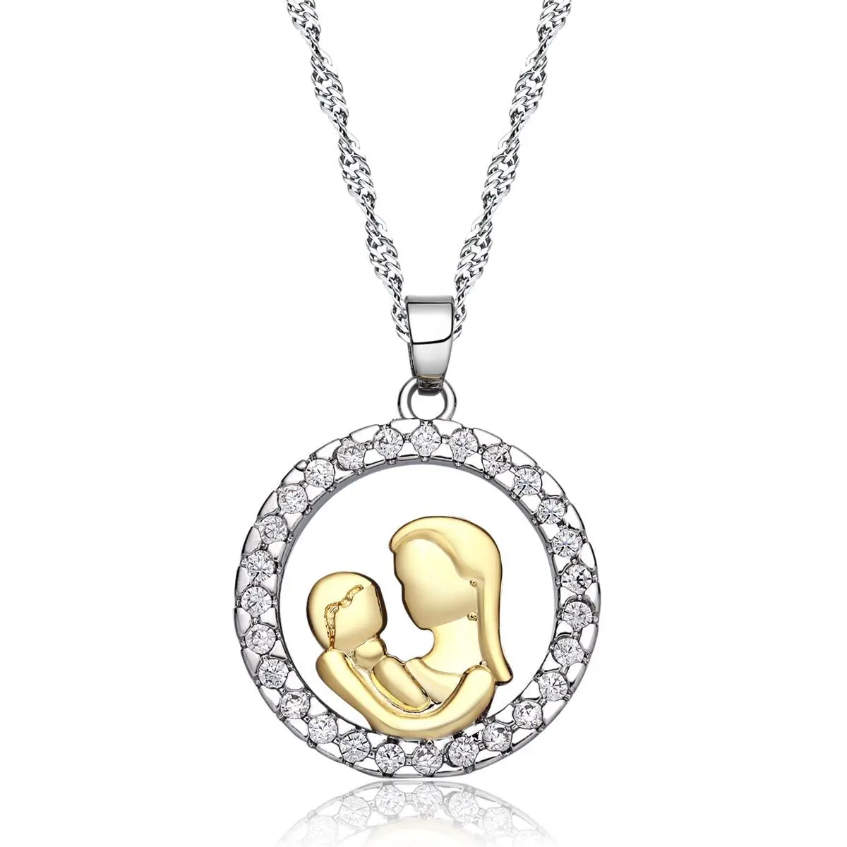 

Mother 's Day Mother Zircon Round Charm Pendant necklace Mama and Child Theme Jewelry, Gold,silver