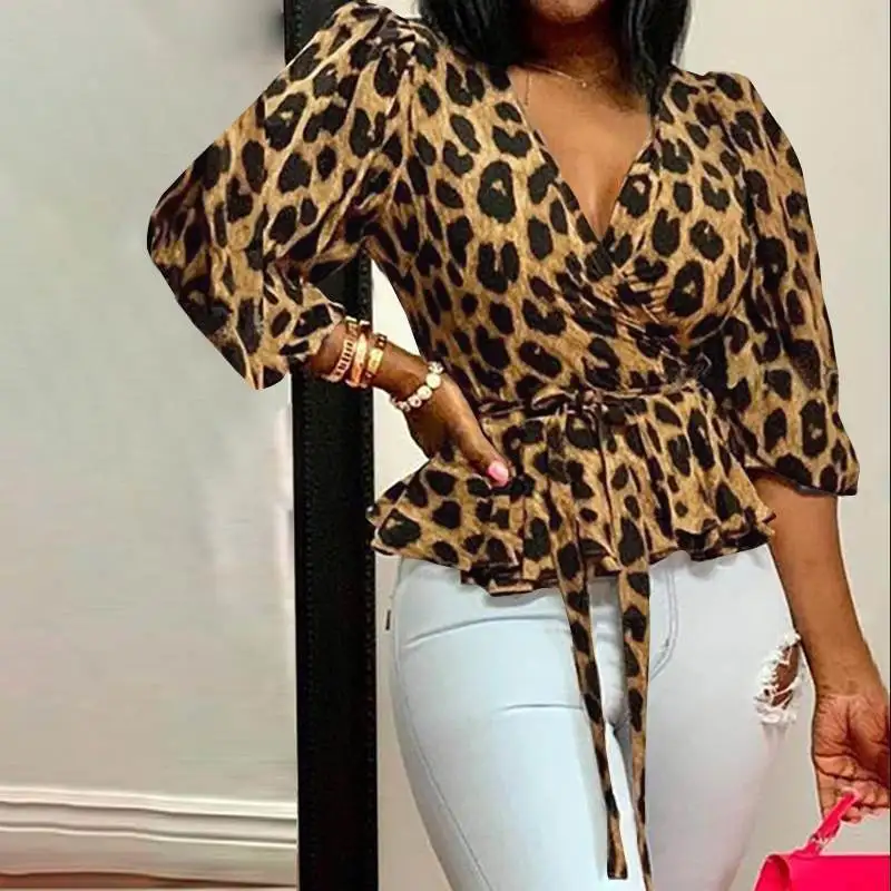 

Amazon Hot Spring Leopard Print V-neck Lace Up Slim Plus Size Women's Clothing 2021 Fall Women's New Top Women