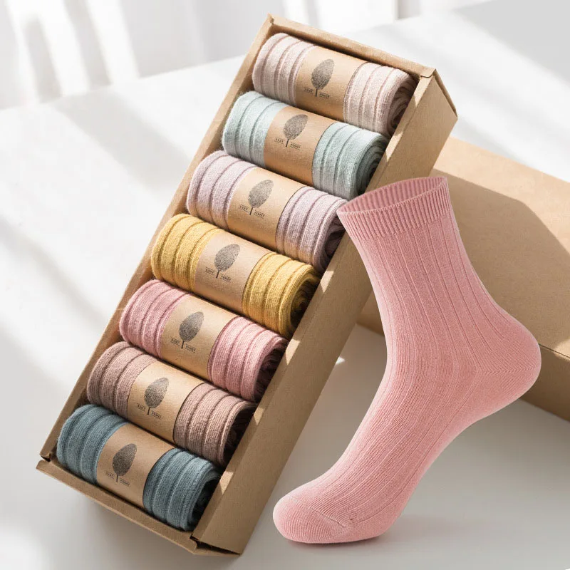 

Drop Shipping 7 Pairs/Box Summer Autumn Solid Color Mid Calf Girls Fashion Crew Socks Set Gift Women Cotton Socks