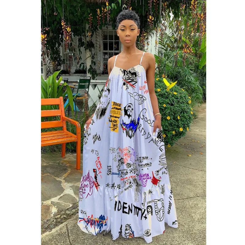 

Summer Dress Women Sexy Sleeveless Ruffled Maxi Long Dress Casual Loose Print Pleated Beach Vestido Robe Plus Size, Shown