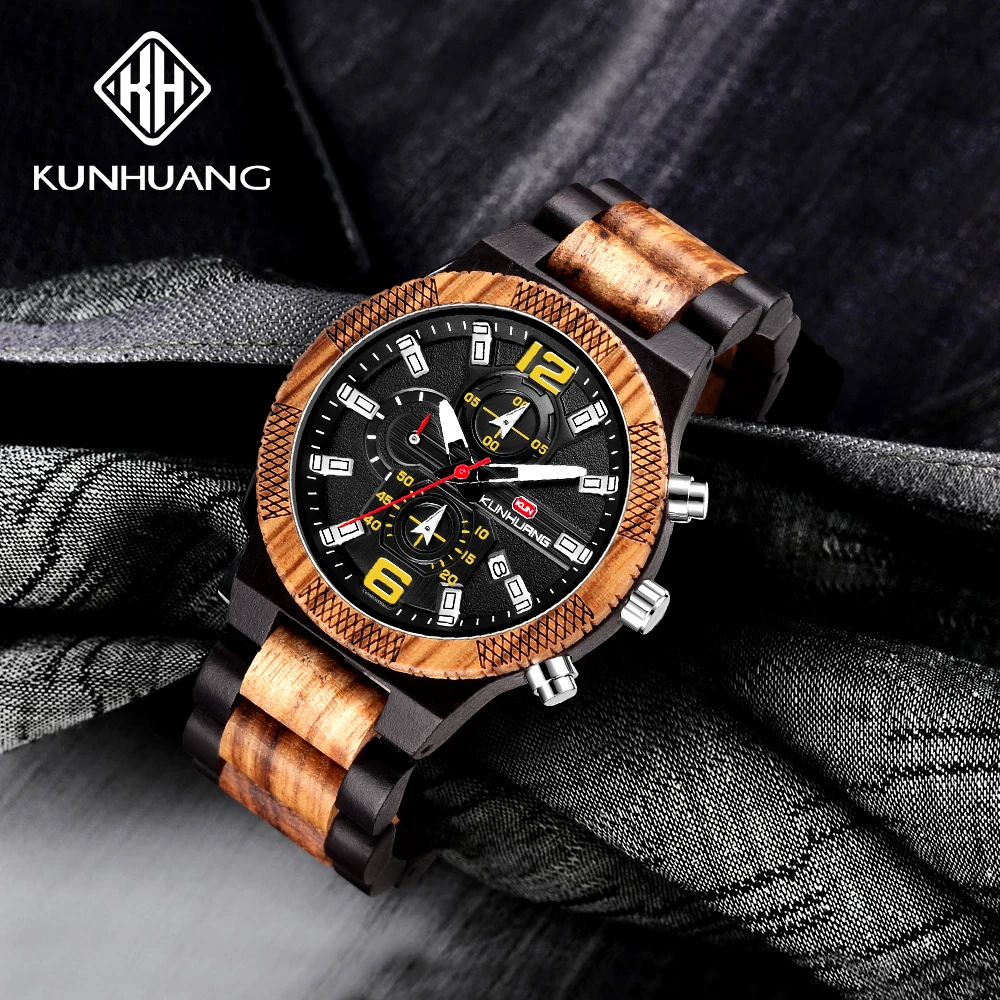 

KUNHUANG W1019 new men's multifunctional sports wood watch cross-border sandalwood bamboo large dial watch, 3-colors