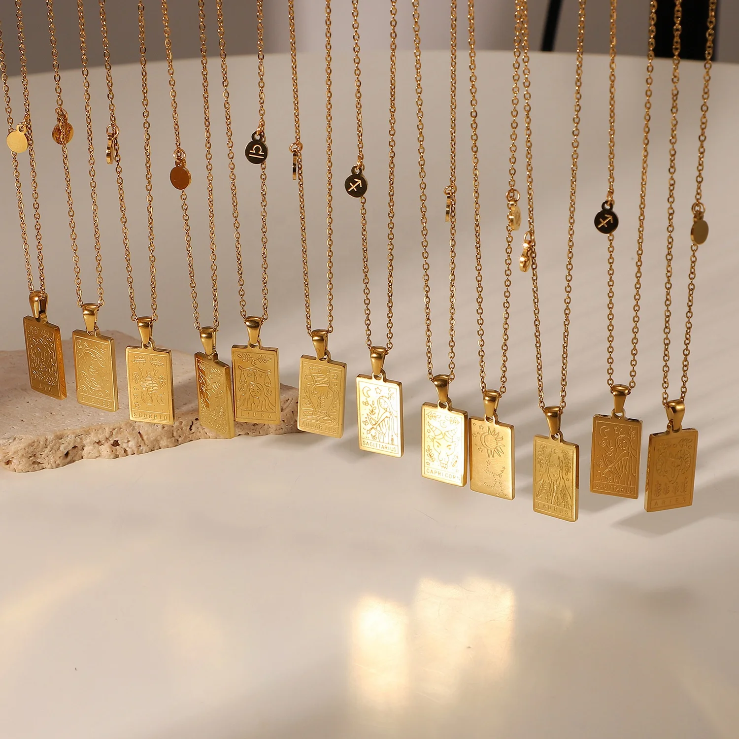 

12 Horoscope Necklace Unisex Square Pendant Gold Plated Jewelry Stainless Steel Chain Necklace