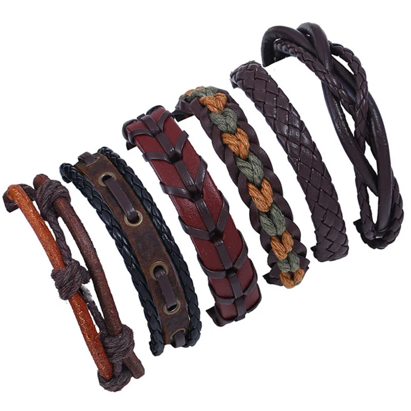 

charm bangle men's Retro woven cowhide Bracelet DIY six piece set multi-layer wrap bracelet