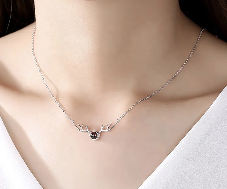 product-Antler Shape I Love You 100 Language Projection Silver Necklace For Women-BEYALY-img