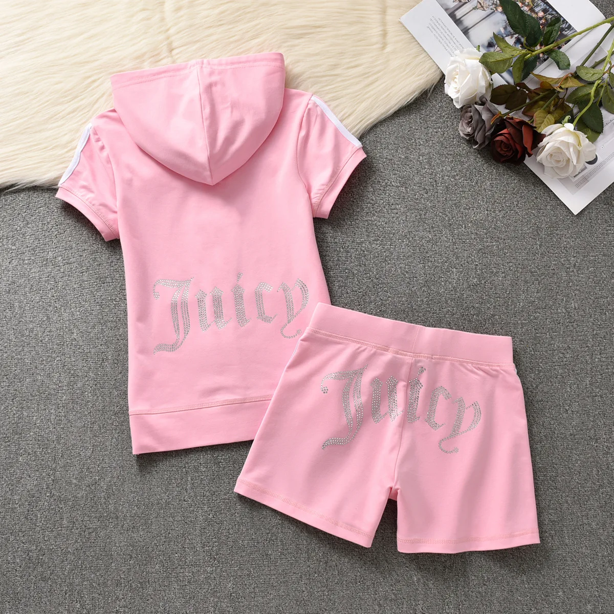 

Casual Sports Diamonds Juicy Letter Set Women Short Sleeve Hoodie Sweatsuit Two Piece Set Shorts Set Summer Outfit Tracksuit, Customized color