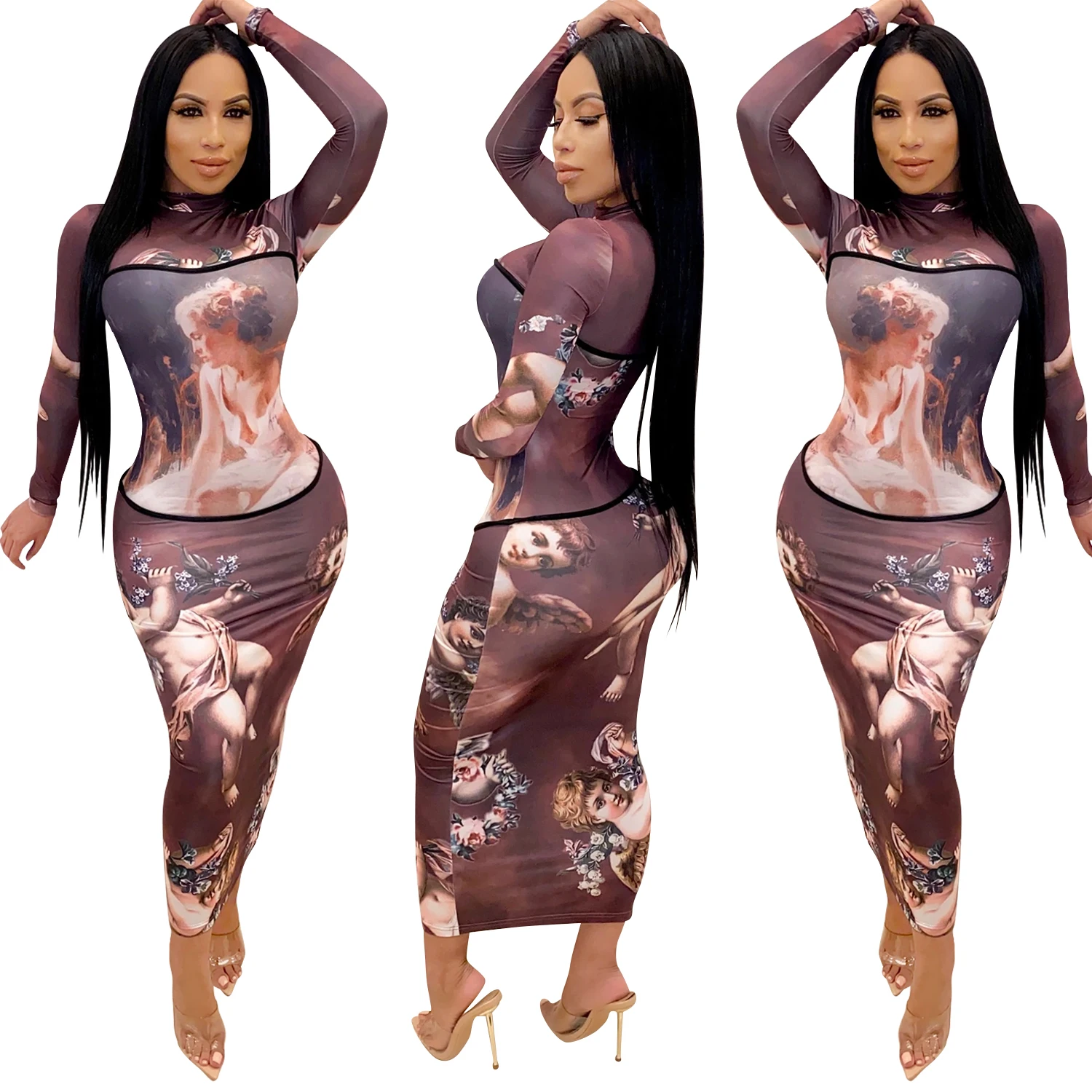 

New autumn and winter fashion digital print dress patchwork long sleeves long one-step skirt women, Brown
