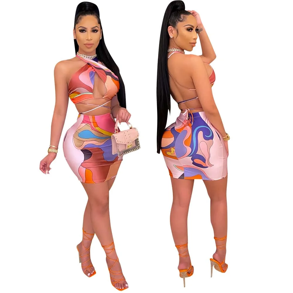 

Cross halter sling Wrap chest bandage Short skirt Pack hip halter Sexy backless dress