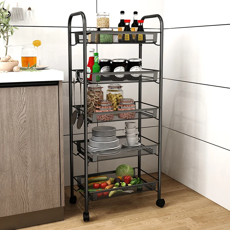 

2021 New Detachable Mesh Kitchen Metal Trolley 4 Layer Storage Cart Basket