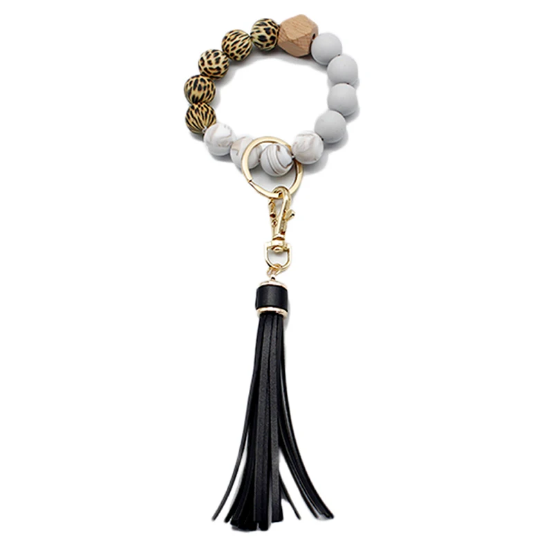 

high quality customized personalized silicone bracelet with Tassel wood bead bracelet key chain, White/leopard print/pink/yellow/green