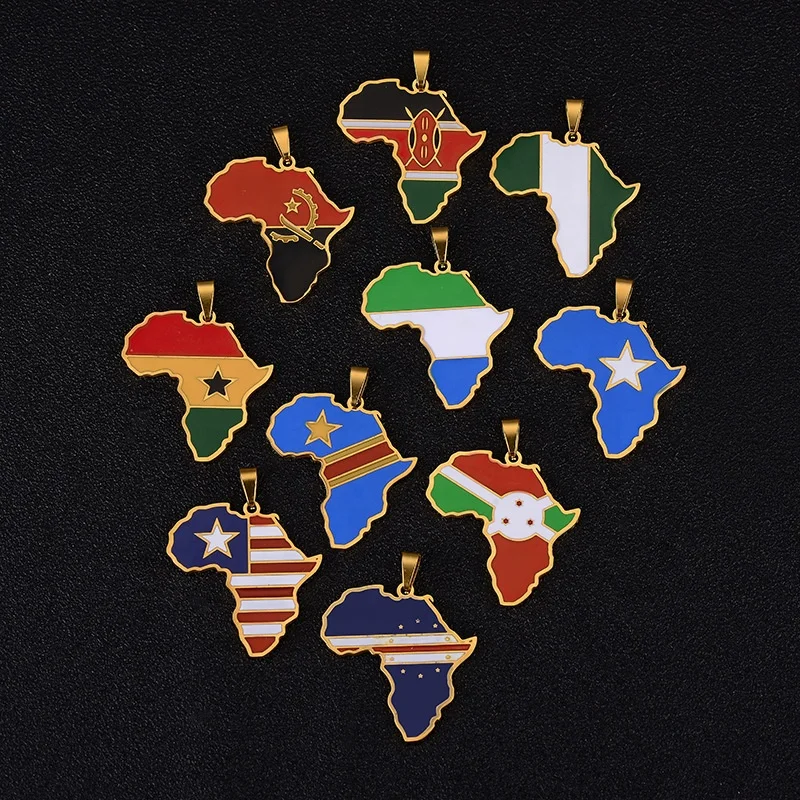 

18K Gold Plated Stainless Steel Geometric Hip Hop jewelry Colorful African Countries Map Pendant Necklace Men