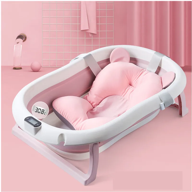 

OEM&ODM Baby Bathtub Silicone Foldable With Bath Pad Neonatal Bath Basin With Electronic Thermometer To adjust Water Temperature, Blue/pink