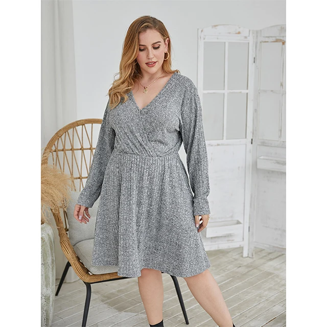 

Autumn Winter Long Sleeve V-Neck Rib Textured Knitted Wrap Dresses Women Plus Size