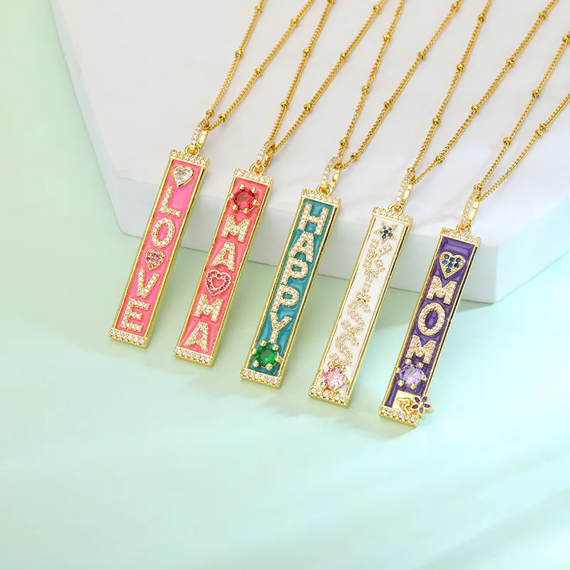 

New MOM fashion necklace jewelry MAMA colorful zircon KISS pendant HAPPY letter bar necklace