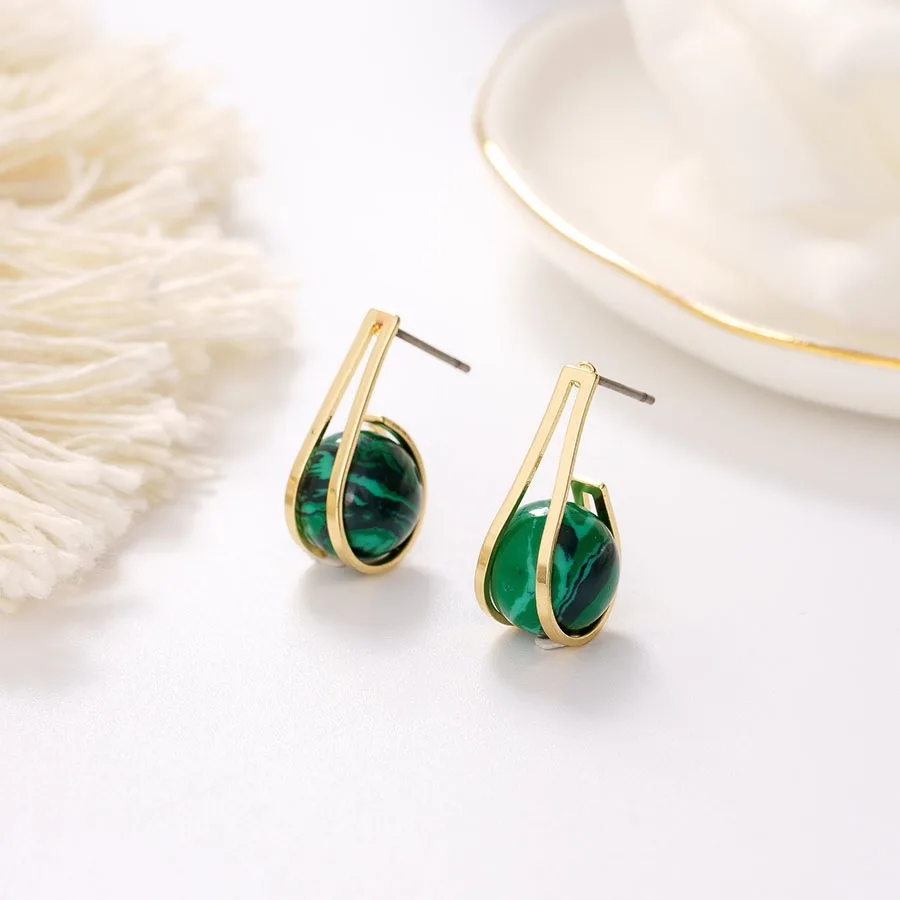 

Genuine Gemstone 925 S 18k gold malachite bead Fashion Stud Earrings Jewelry
