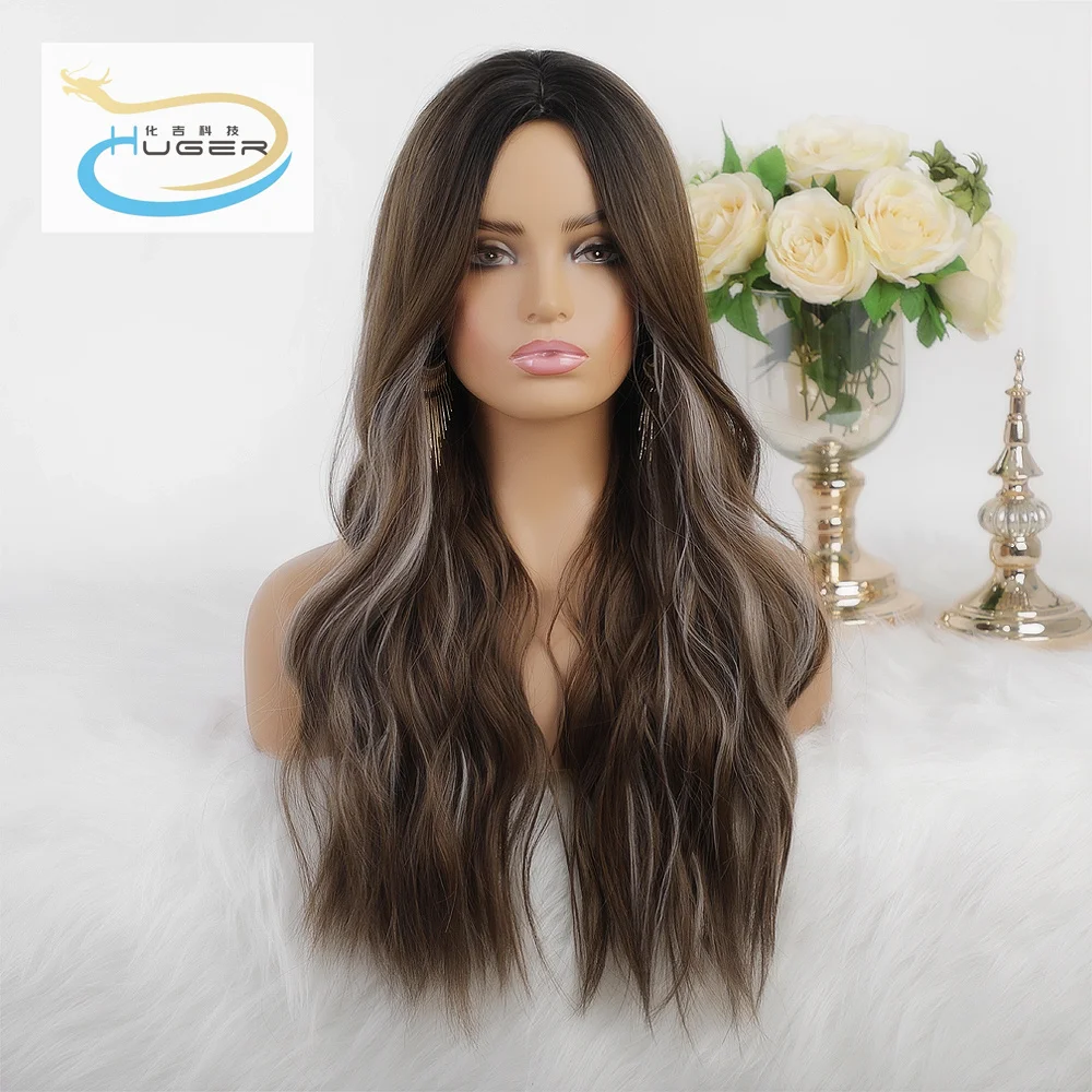 

Middle slit brown highlights light golden long curly hair Rose elastic net hat
