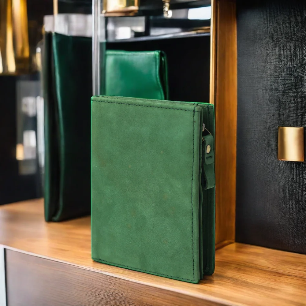 Hot Selling in Stock Green Cowhide Real Leather Card Wallet RFID Blocking Men Genuine Cow Leather Wallet for Men