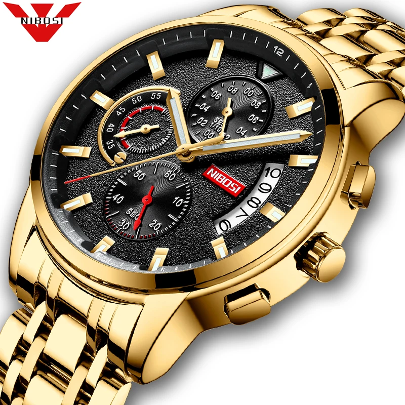 NIBOSI 2020 New Brand Quartz Watch Men Sport Watches Men Steel Band Military Clock Waterproof Gold Wrist Watch Relogio Masculino