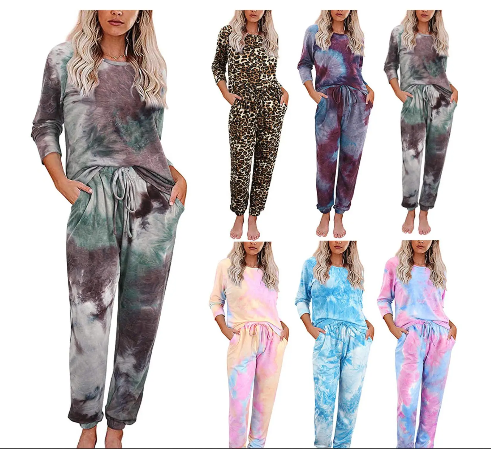 

2021 casual Lounge Sets for Women clothing Tie Dye Sweatsuit 2 Piece Outfits Soft Sleep Wear Pajamas Set home wear for women set